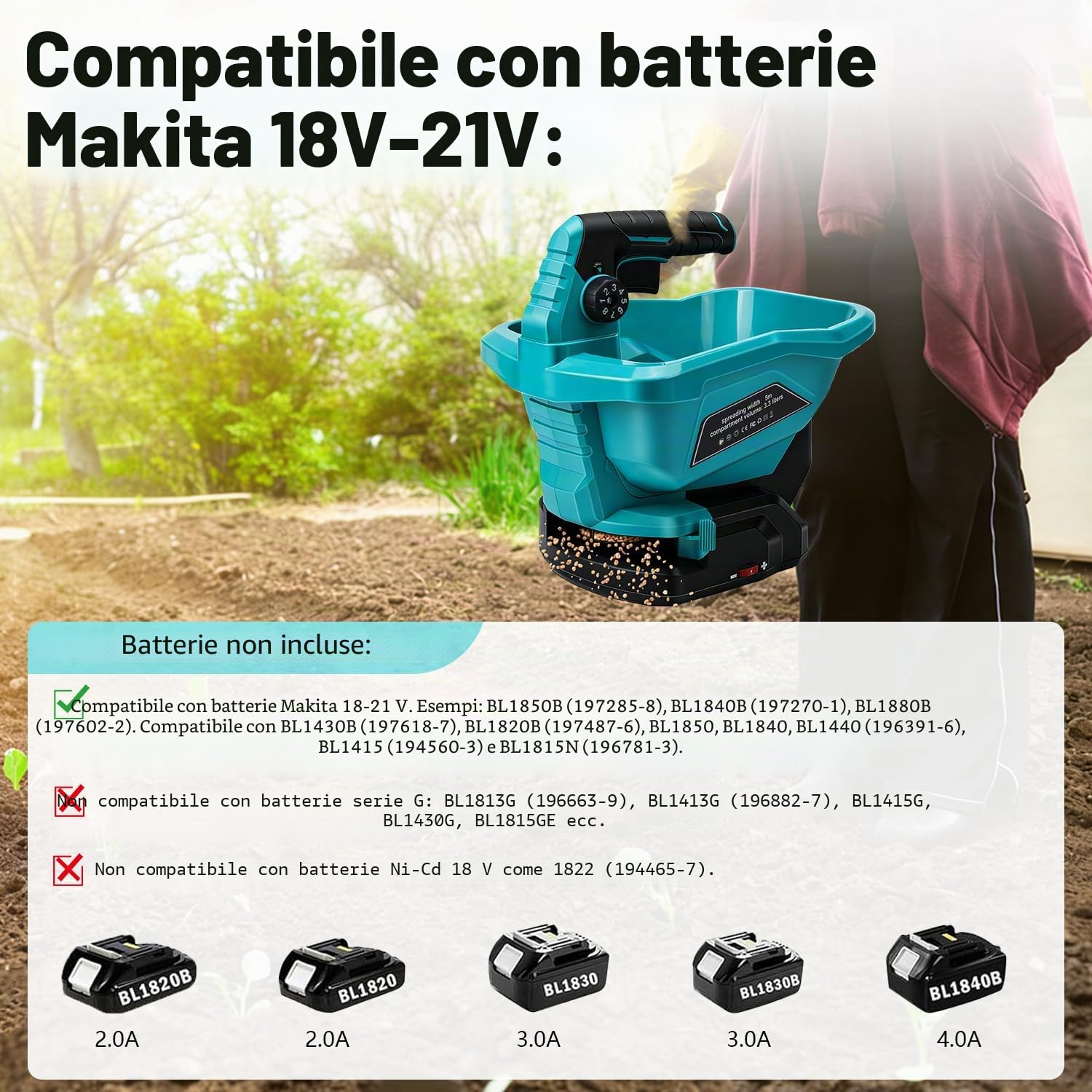 Fertilizzante per batteria Makita da 18 V (senza batteria), portatile, con regolazione della velocità a 6 livelli, con regolazione dell'angolo di 8 livelli, fino a 800 m²