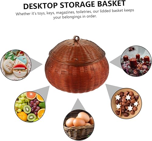 Miniatura 8 de HEMOTON Caja de almacenamiento con tapa, cesta de pan con piedra cálida, bandeja de picnic de ratán, bandeja de servir de ratán, organizador de