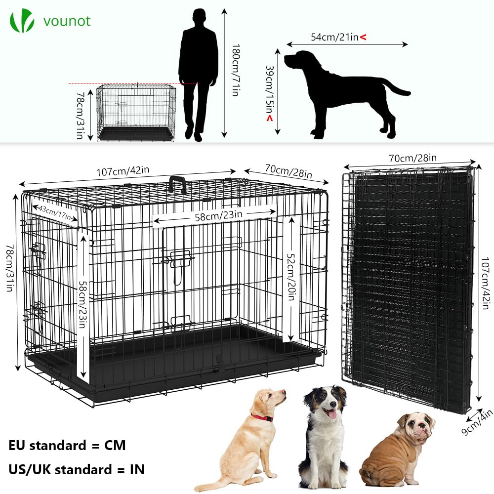 VOUNOT® Gabbia per Cani Pieghevole in Metallo, Cassetta per Trasporto Scatola Trasportino Cani con 2 Porte, Vassoio Rimovibile, 107x70x78cm, Nero