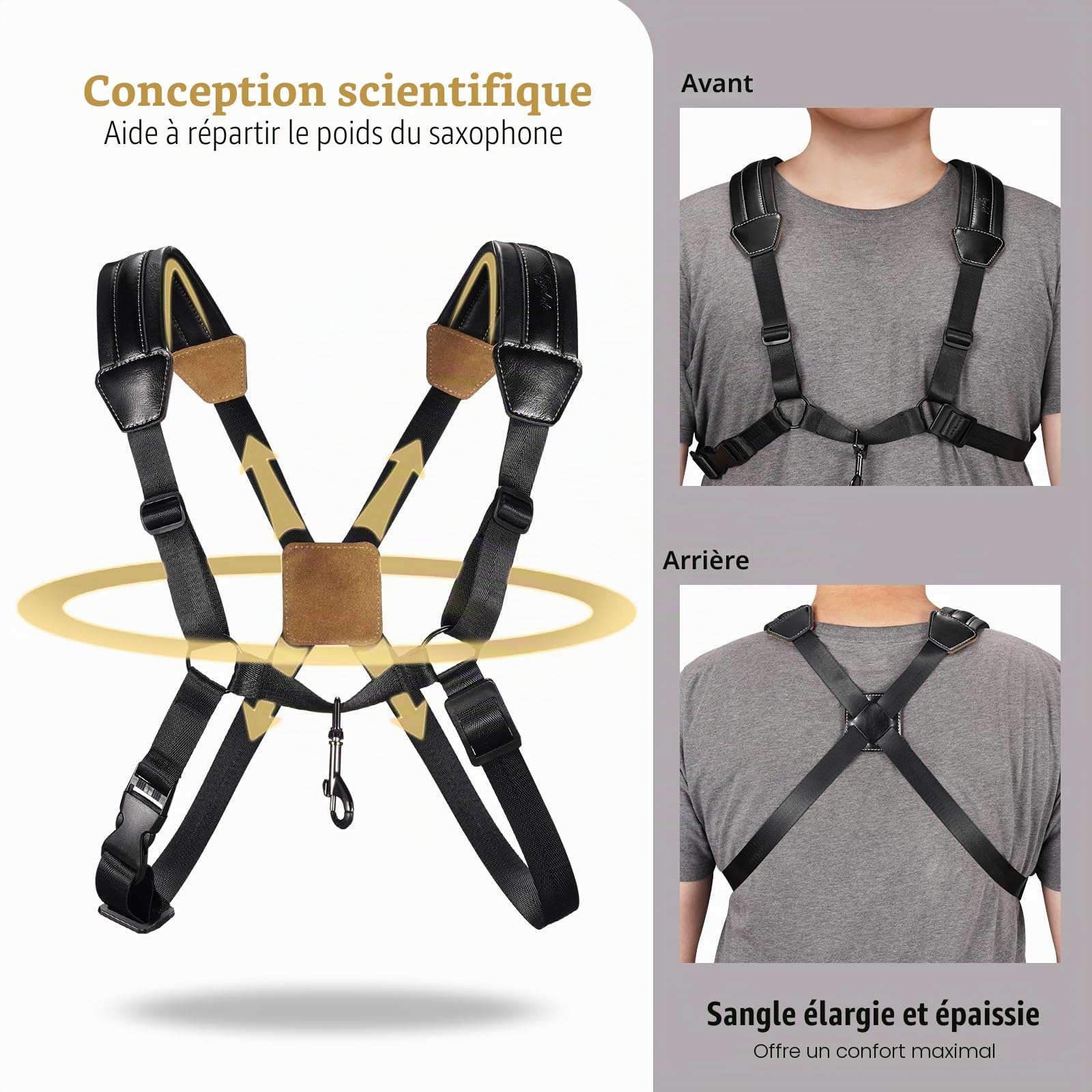 POGOLAB Sangle Saxophone, Harnais Sangle de Saxophone, Support de Saxophone en Cuir Souple avec Crochet en Métal, Sangle à Vent Universel Réglable pour Saxophone Alto Saxon Tenor Soprano