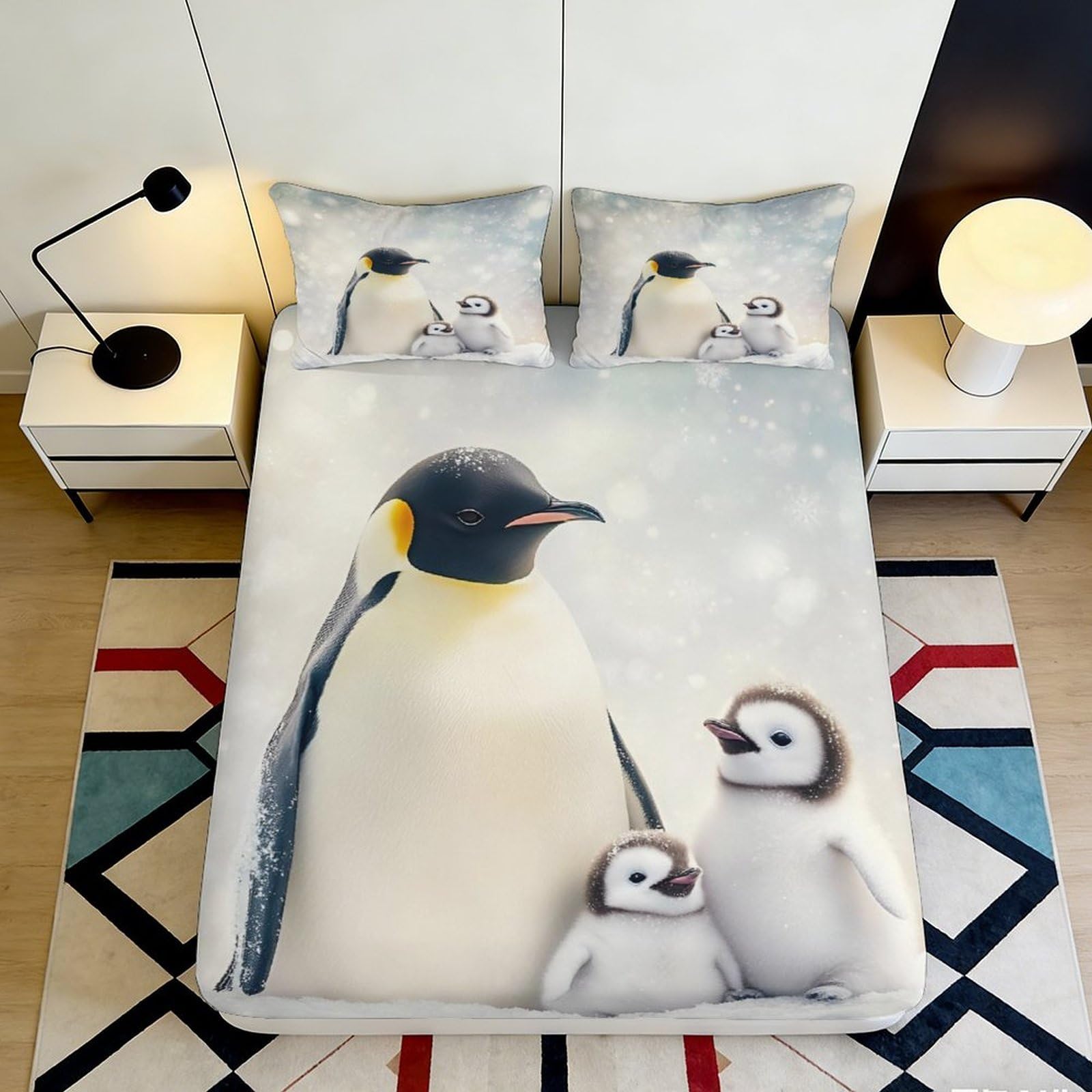 3D Printed Penguin Family Fitted Sheet Microfiber Soft Anti-Slip Mattress Cover Snow Scene for Bedroom Guest Room Decor 160x200x25cm
