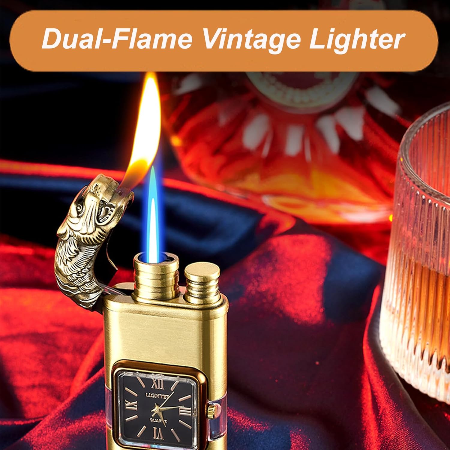 Windproof Dual-Flame Vintage Watch Lighter, Windproof Vintage Lighter, Eagle Torch Lighters, Unique Animal Style, Refillable Butane, Adjustable Flame (Black,Dragon+Horse)