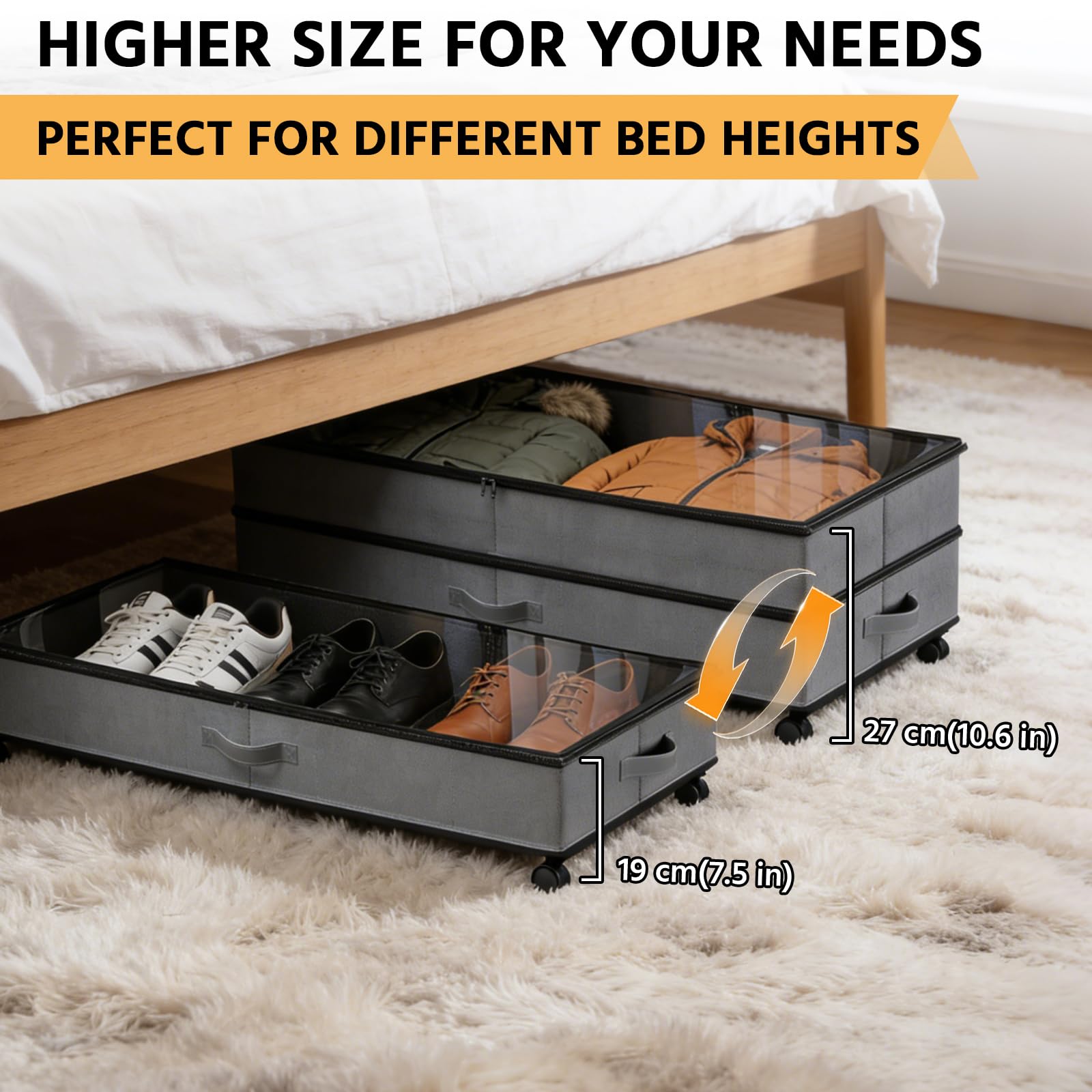 JAOGAUS Cajones de almacenamiento de cama con ruedas, paquete de 2 unidades, 72 L, XXL, ajustables, 25 cm de altura con tapa, caja de almacenamiento de dormitorio que ahorra espacio para ropa, zapatos