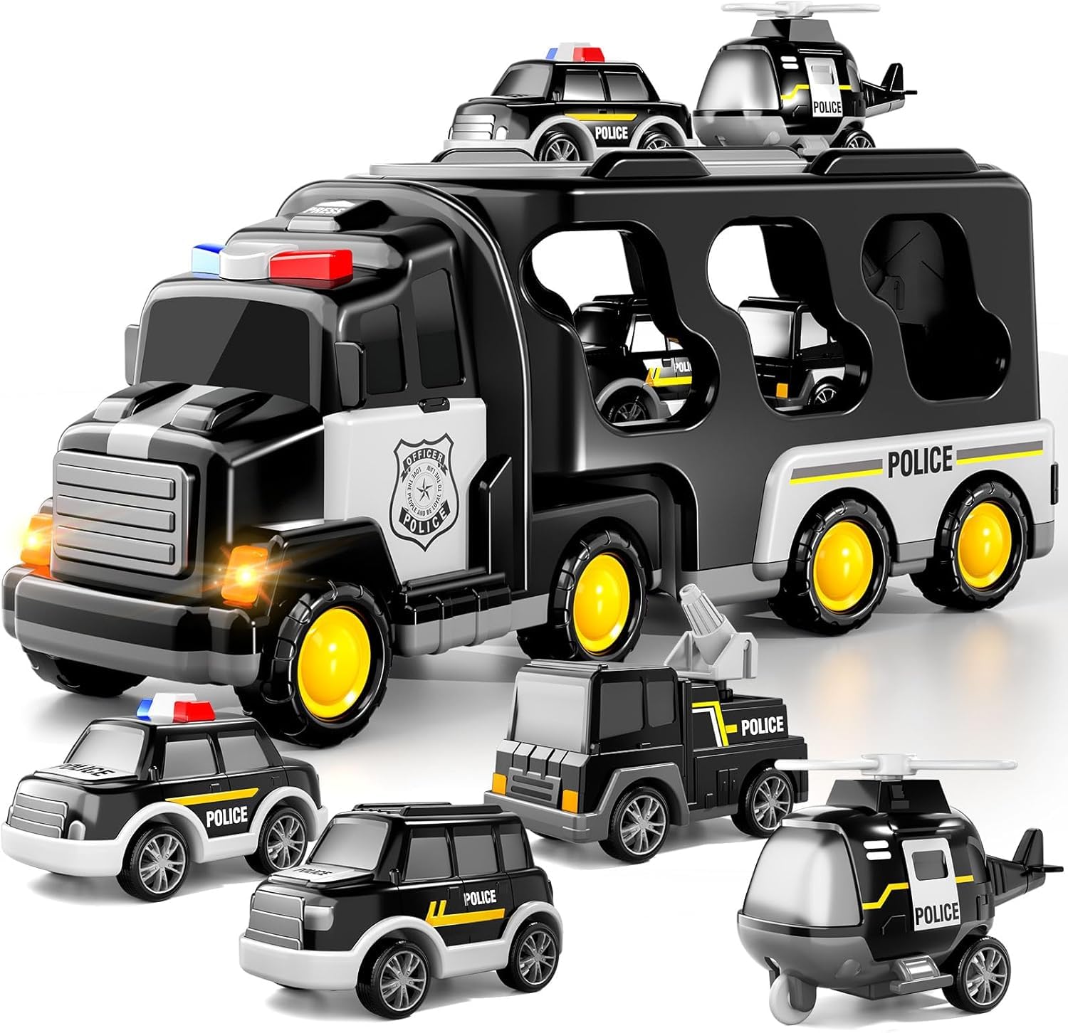 TEMI Police Truck Toys for Toddler 3 4 5 6 Years Old Boys - 5-in-1 Friction Power Emergency Vehicle, Police Car Toy for Toddlers 1-3, Carrier Truck Toys for Kids 3-5, for Girl Age 3-9