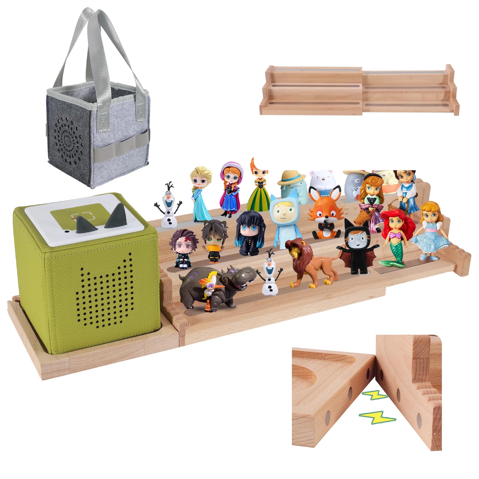 Givilio Expendable Wooden Tonie Shelf with Storage Steps - Extendable 3-Slot Organiser for Toniebox 1&2 and Tonie Figures, Perfect for Kids' Rooms & Play Areas (Natural)