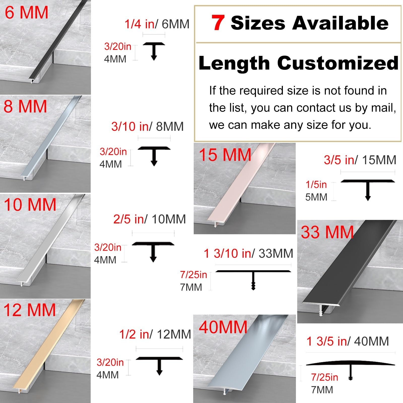 T-Sd Metalowa listwa rozdzielająca podłogowa, do płytek winylowych, laminowanych płytek i drewna, łatwe cięcie i wkładanie, 1,3 cm szerokości, 112 cm długości, idealna do progów drzwi i flo G