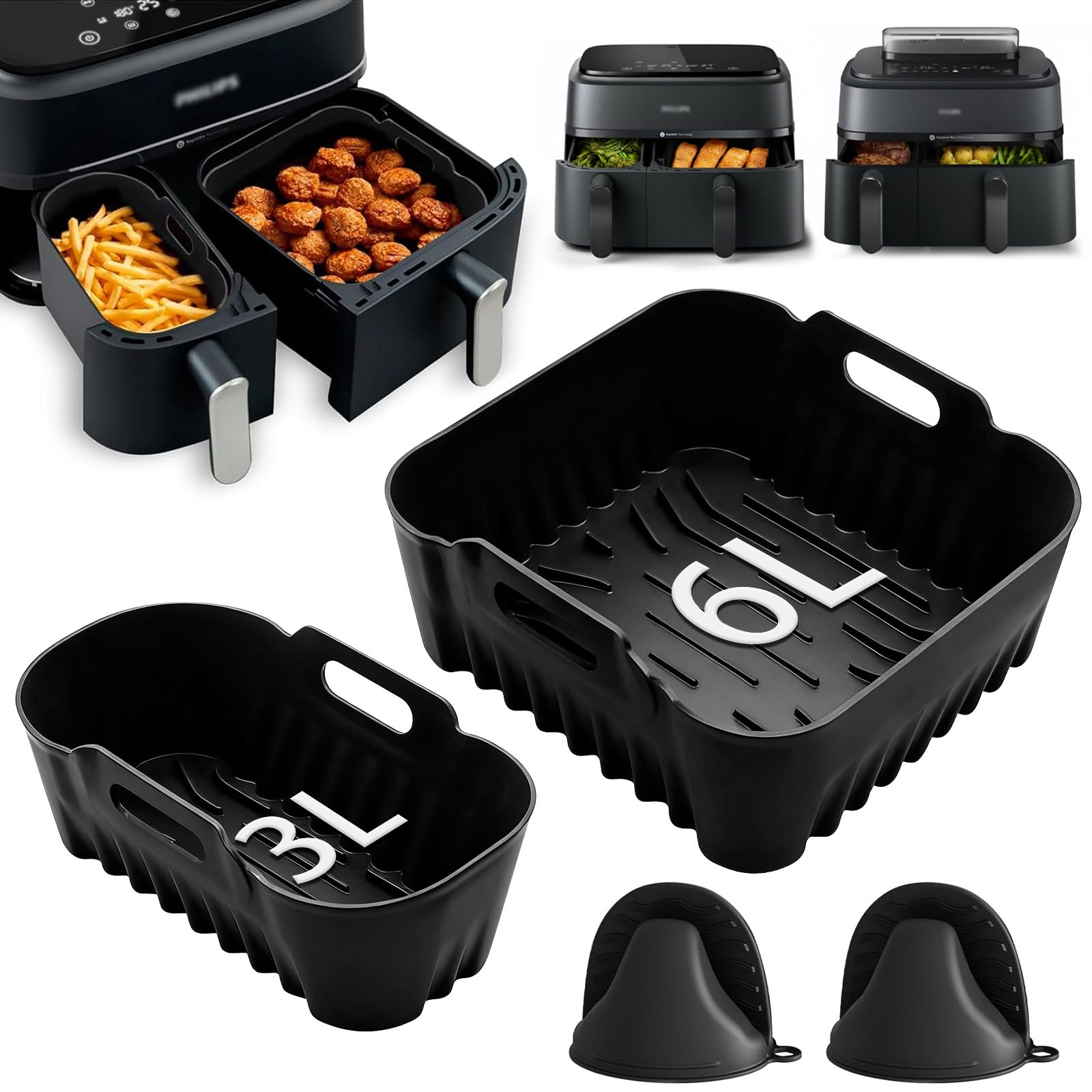 Heißluftfritteuse Silikonform für Philips Dual Basket 9l, Airfryer Zubehör für Philips 3000 Serie NA350/NA352/NA353 & 5000 Serie NA550/NA552/NA555, Wiederverwendbar Heißluftfritteuse Silikon Einsatz