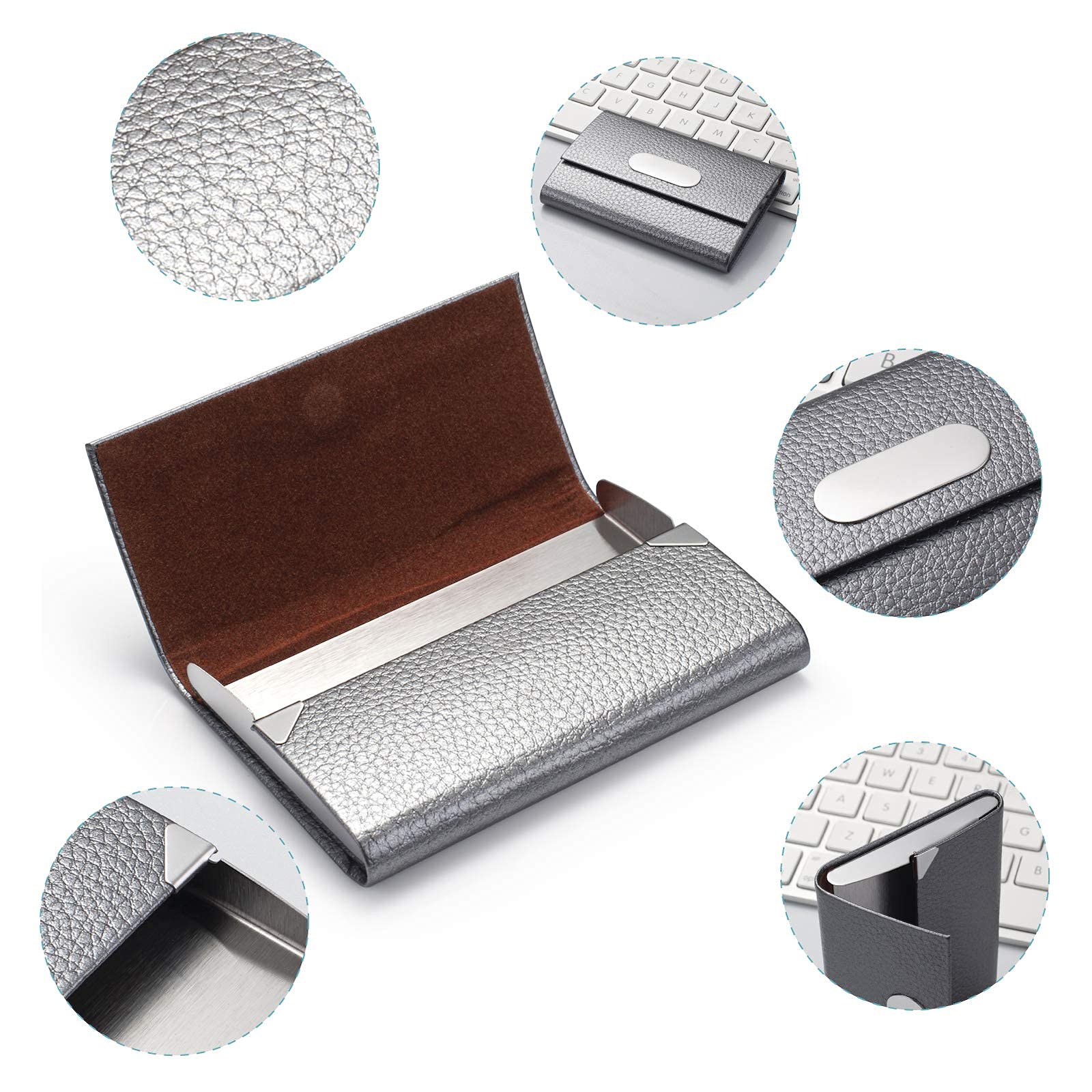 Porta biglietti da visita in pelle PU e acciaio inox con chiusura magnetica Grigio
