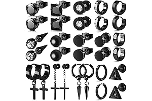 Men Earrings Set of 15: Rugged Black Stainless Steel Earrings for Men, Women