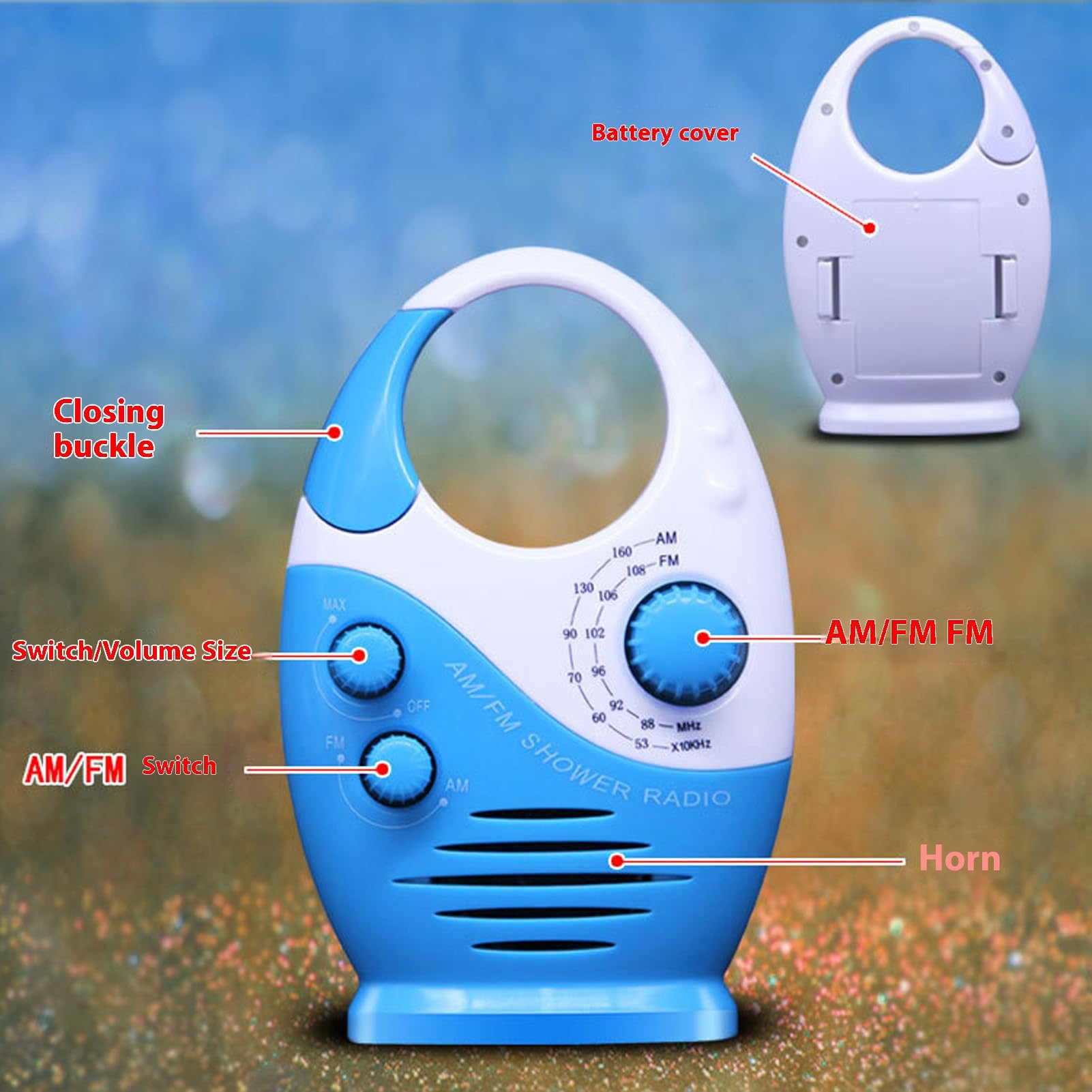 Tragbares Duschradio, Batteriebetriebener Tragbarer AM -FM -Taste -Lautsprecher mit Oberster Griff und Lautsprecher für Zuhause, Bad, Spritzsicher