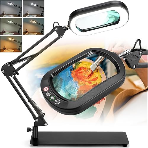 10X Square Magnifying Glass with Light and Stand, Real Glass Lighted Magnifier Hands Free, 5 Color Modes, Brightness Stepless Dimming, 2-in-1 Desk Lamp with Clamp for Close Work, Craft, Hobby, Reading