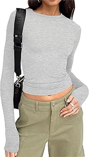 Women’s Long Sleeve Round Neck Crop Top Tee Shirt Basic Solid Y2K Tight Slim Fit Cropped Shirt Workout Yoga