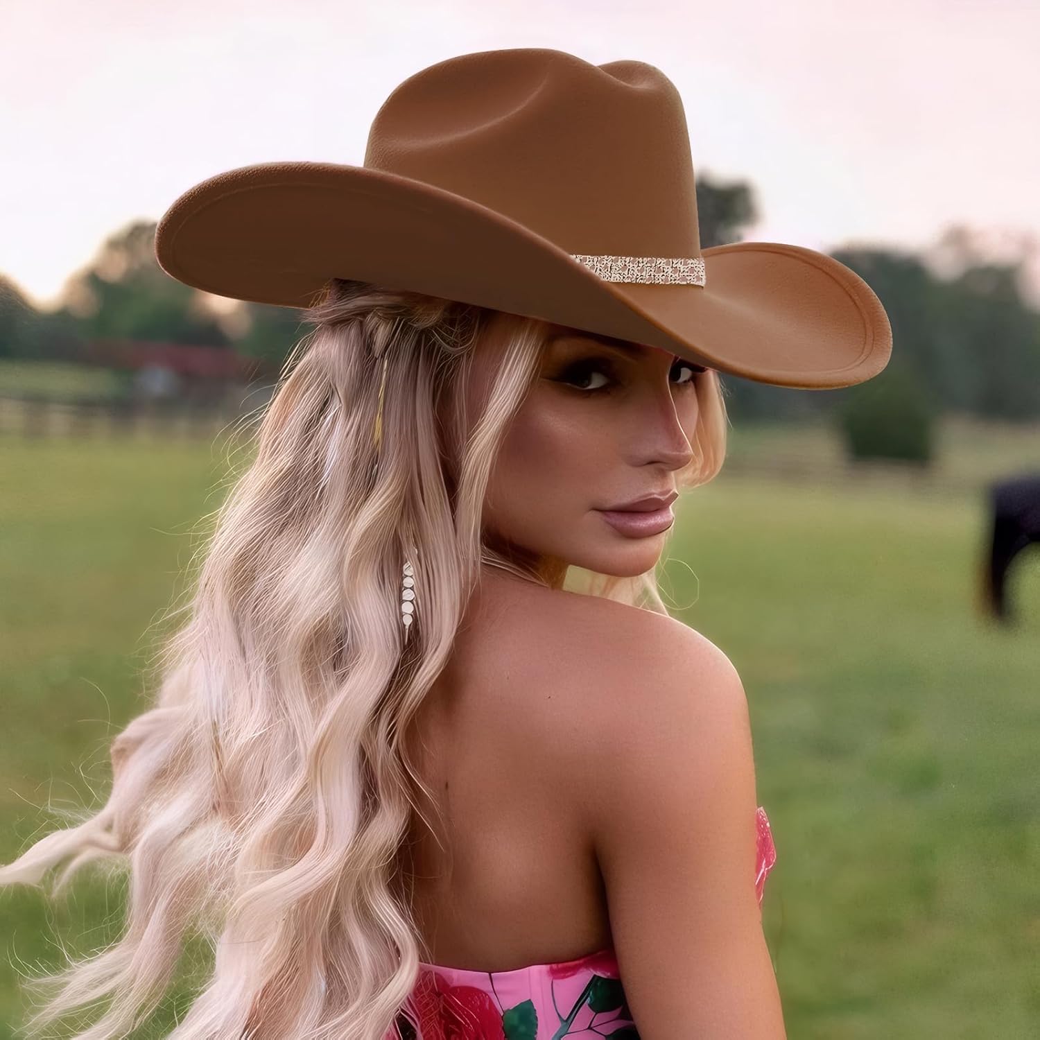 3Pcs Rhinestone Cowboy Hat for Women with Bandana, Heart Sunglasses set, Wide Brim Cowgirl Hat for Western Disco Party - Image 4