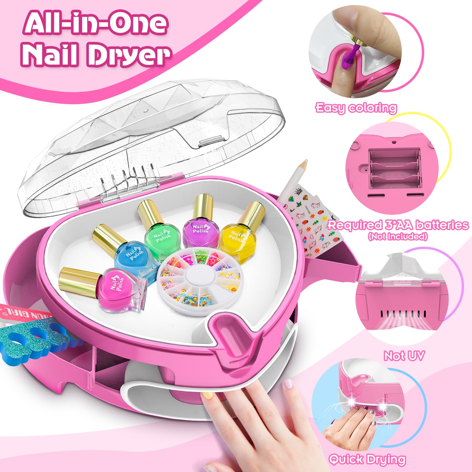 Juego de esmaltes de uñas para niñas, kit de arte de uñas para niños de 7 a 12 años, salón de uñas todo en uno con secador de uñas y uñas postizas a presión, decoración de bricolaje, esmalte 6