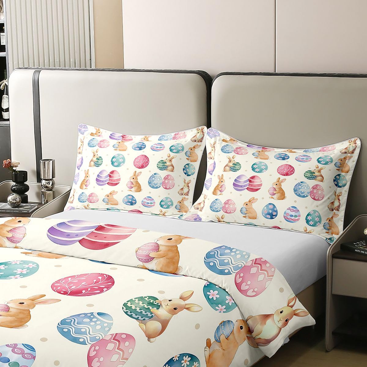 Manfei Happy Easter - Juego de funda de edredón 100 % algodón, tamaño Super King, juego de ropa de cama de 3 piezas con estampado de huevos coloridos, decoración de habitación de niños y niñas, 2