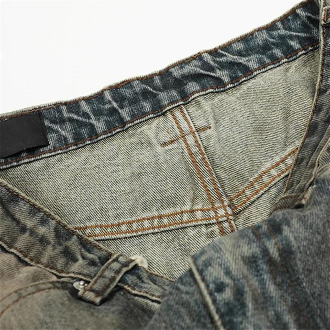 Men's Denim Pants American Style Holes Design Washed Mud-Dying Contrast Worn-Out Wide Leg Bootcut Jeans - Image 4