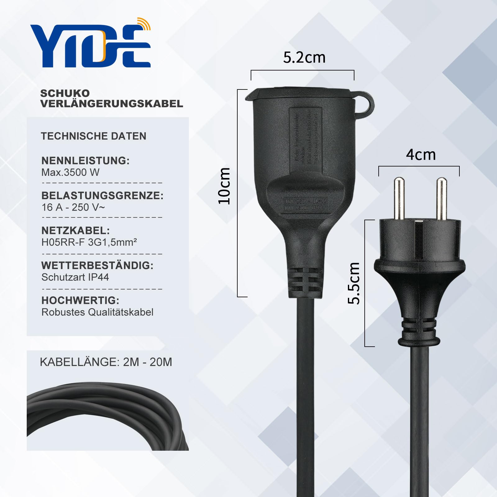 Prolunga da 20 m, in gomma per esterni, con spina Schuko, per esterni, IP44, cavo di prolunga H05RR-F 3G, 1,5 mm², 3500 W, cavo elettrico esterno con cappuccio protettivo, nero