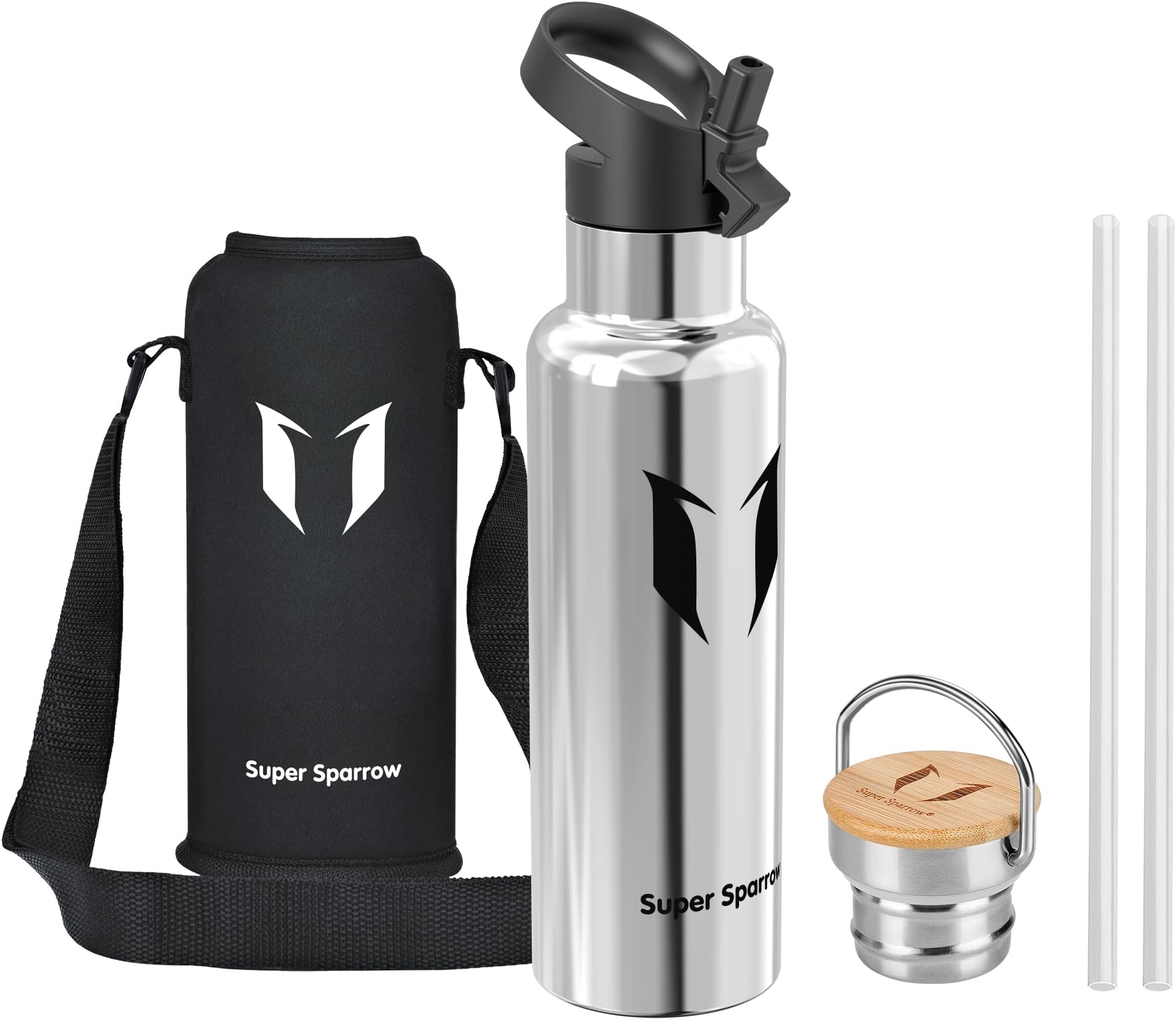 Super Sparrow Water Bottle Stainless Steel - 350ml/500ml/620ml/750ml/1L- Insulated Metal Water Bottles - Standard Mouth Flask - BPA Free - Straw Bottle for Work, Gym, Sports - 2 Lids