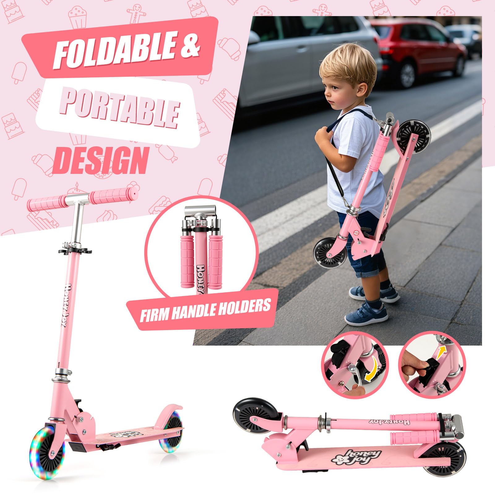 KOMFOTTEU Monopattino per bambini con 2 ruote a LED e freni, skateboard pieghevole con 3 altezze regolabili, in alluminio con carico 50 kg, per bambini