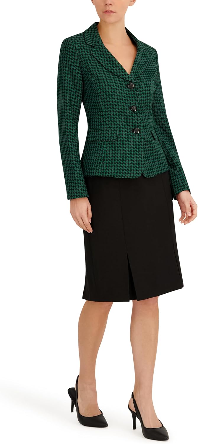 Le Suit Women's Houndstooth Jacket with Flap Pockets & Skirt