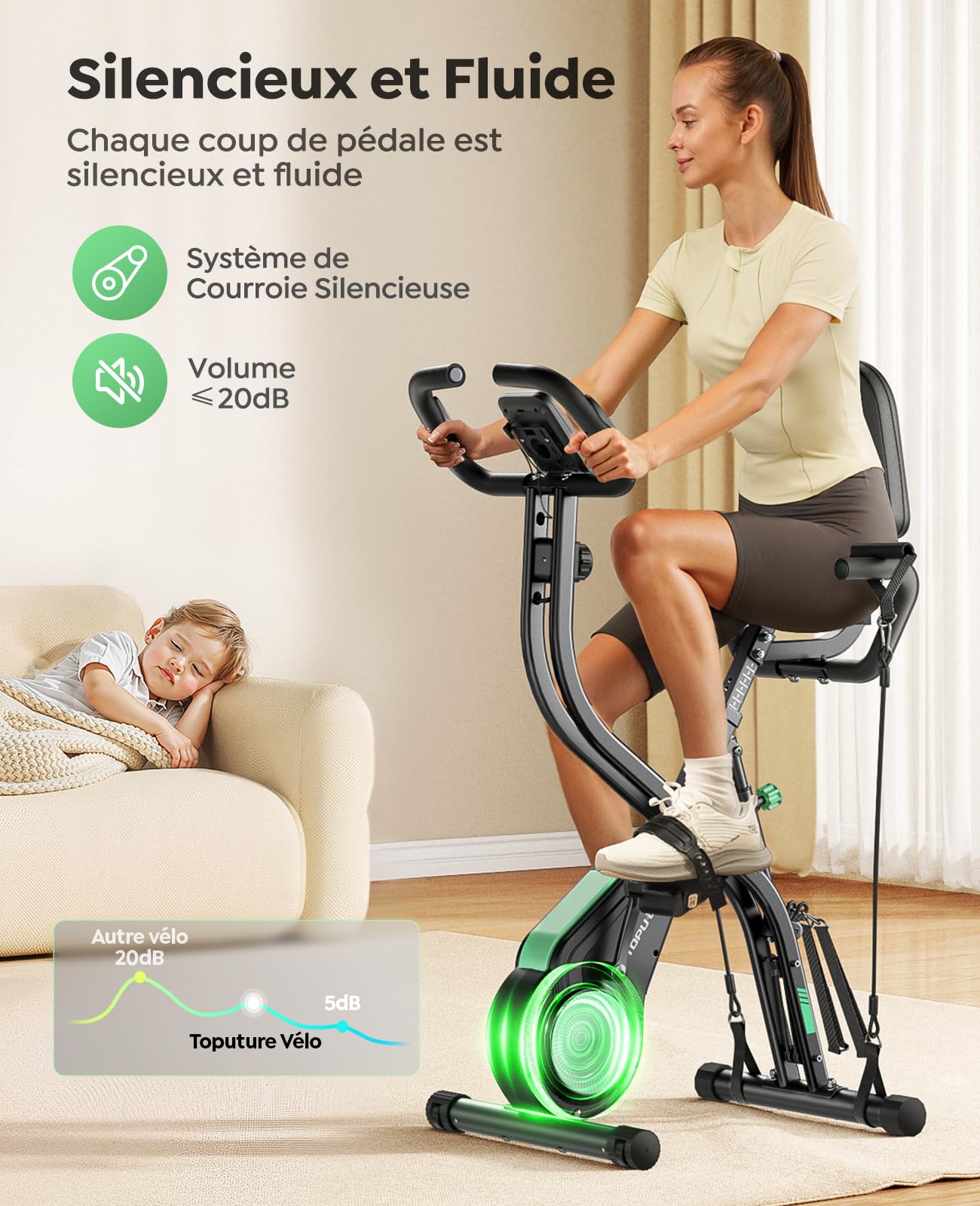 TOPUTURE 5-en-1 Vélo d’Appartement Pliable, Velo D Appartement avec 16 Niveaux de Résistance Magnétique, Moniteur LCD et Compatible APP, Vélos de fitness pour la maison avec Silencieux Capacité 140 kg