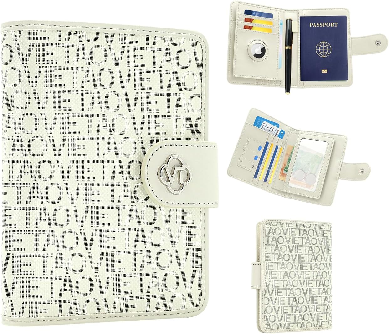 Passport Holder for Travel, RFID Blocking Leather Airtag Wallet for Women Men, Large Passport Cover Essentials Gift, Tickets, Cash, Photo, Sim Card Pen Slot, White