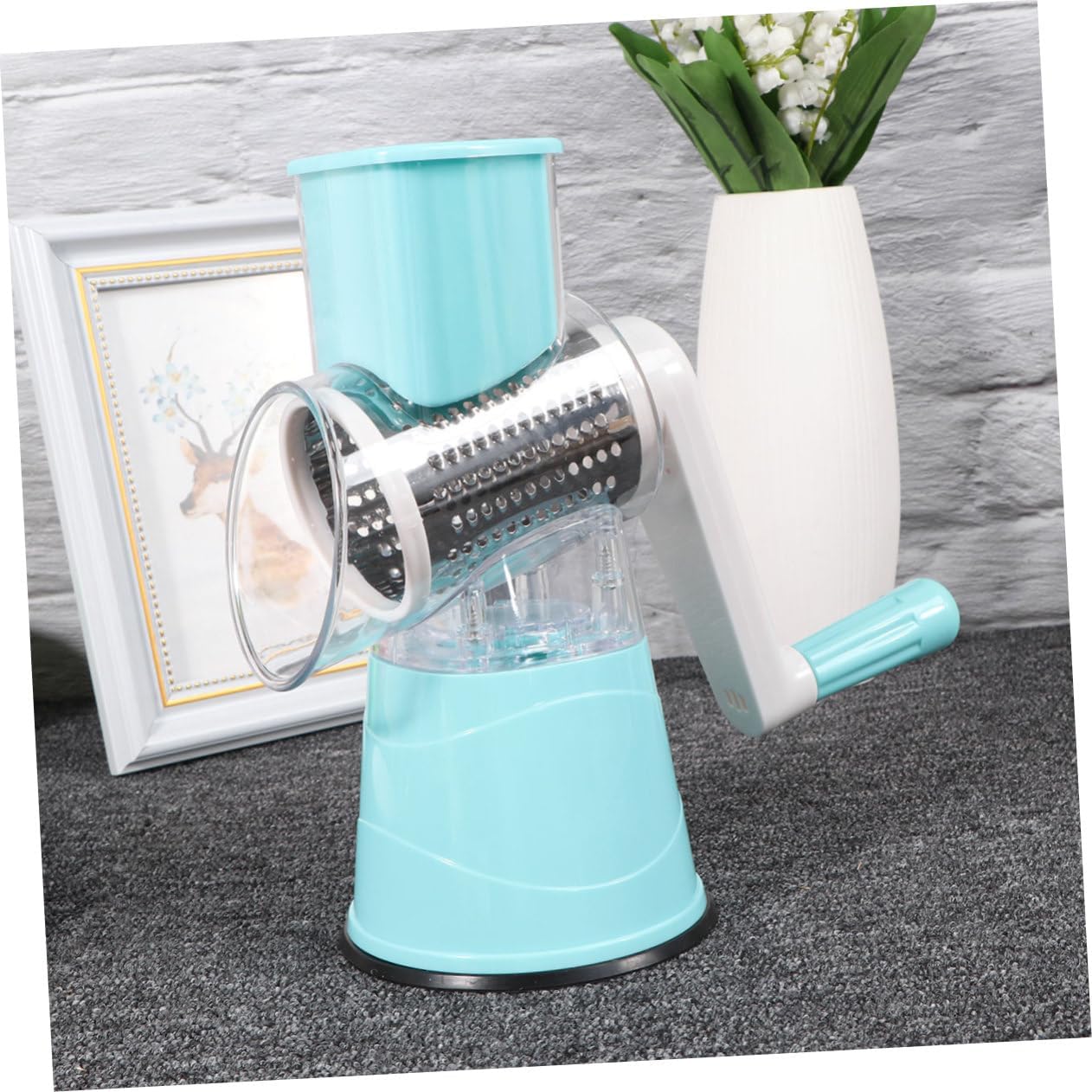 Multifunctional Vegetable Cutter Slicer with Rotating Hand Crank for Potatoes Carrots Cucumbers Easy Clean Suction Base Safe Use Sky-blue