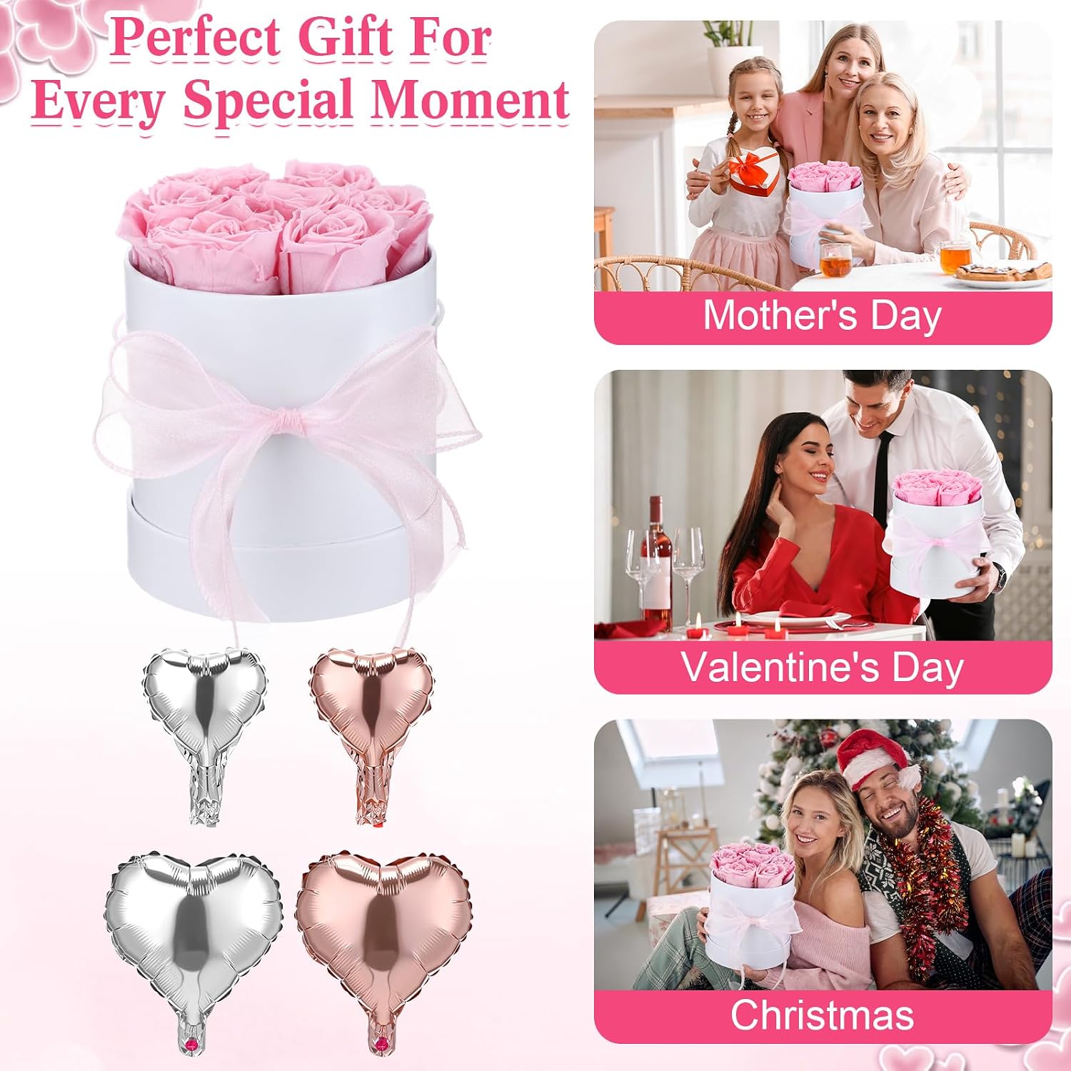 Suncalla Pink Mother's Day 7 Preserved Rose in Box Gift for Her with Heart Ballon Forever Flower Box Set Last 1-3 Years with Heart Shaped Balloon for Women Loved One Mother's Gift Need Assembly