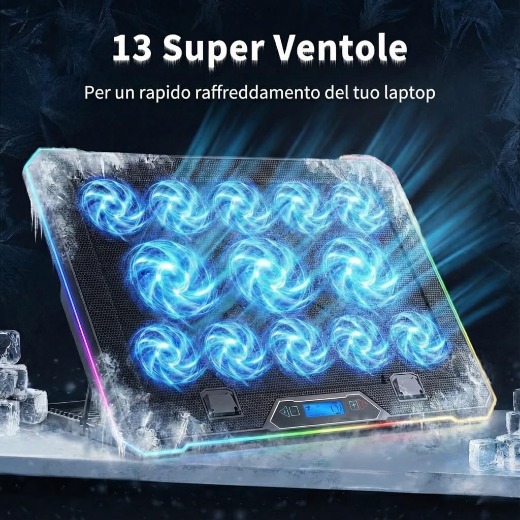 AABCOOLING QUANTUM - Ventola PC Portatile da 9-17" con Supporto per Telefono, 13 Ventole Silenziose ed Efficienti, Base Raffreddamento, 9 Livelli di Altezza, Supporto Notebook, Laptop Stand RGB
