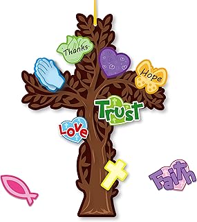 Haooryx 24 Pack Prayer Cross Trees Craft He is Risen Cross Religious Hanging Trees Make Your Own Holy Week Crosses Tree Hanging Decor DIY Thankful Craft Faith Trust Love Sunday School Church Decor