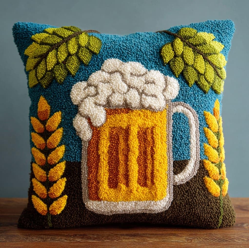 WallustrioaW Latch Hook Cushion kit 43x43cm,Beer Mug and Leaves