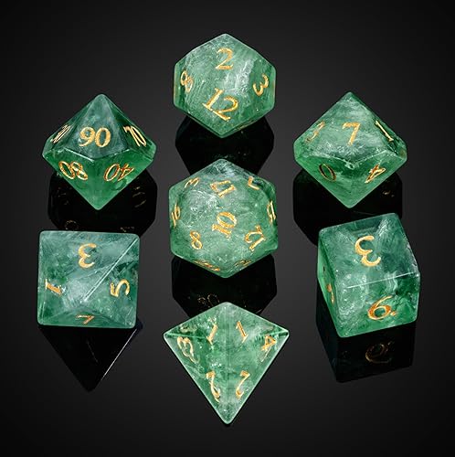 UDIXI Natural Gemstone Dice Set 7PCS Green Fluorite Crystal Stone DND Dice with Gift Case for Role Playing Games and Other Tabletop Games - Green Crystal