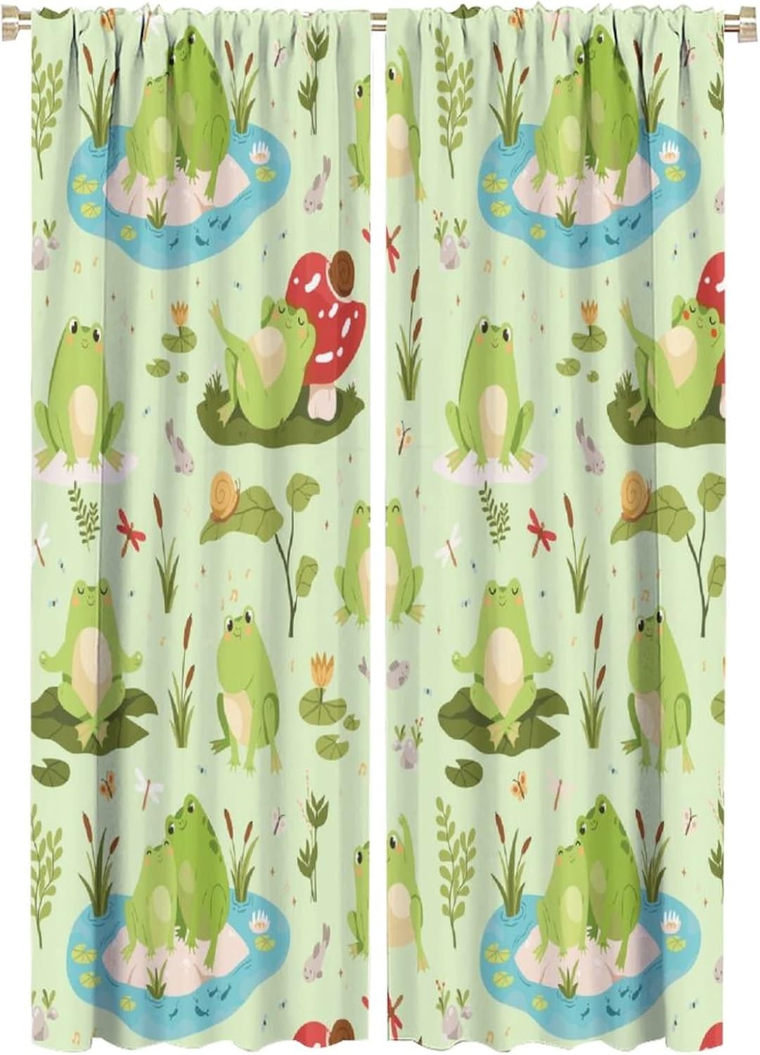 Cartoon Cute Frogs Blackout Curtains for Bedroom - Forest Animals Frog Mushroom Green Leaves Window Treatment,Rod Pocket Room Darkening Curtains 2 Panels 63L x 21W