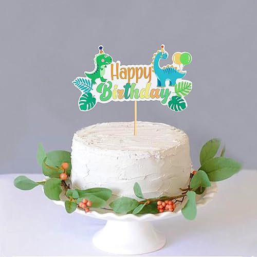 Miniatura 5 de Ercadio 1 paquete de decoración de dinosaurio para tartas de cumpleaños con hojas de palma tropicales, decoraciones de dinosaurios para tartas