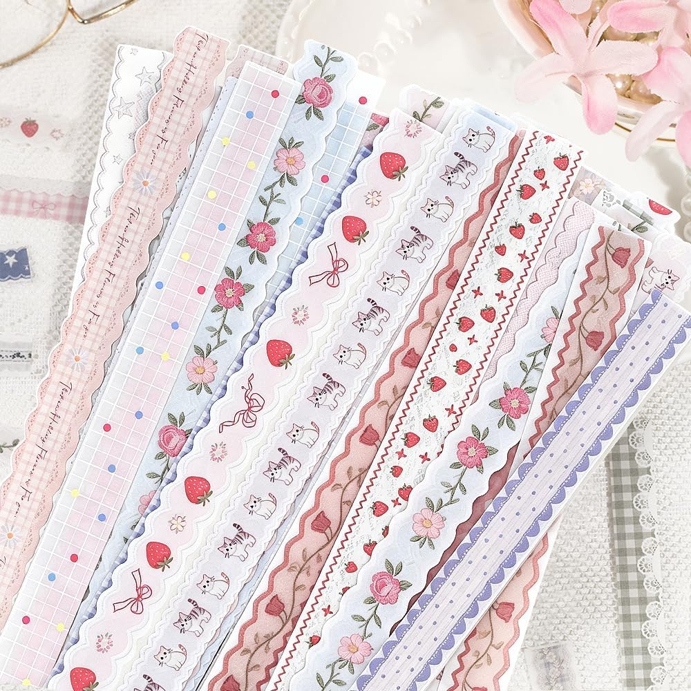 160Pcs Long Lace Border Stickers for Scrapbooking Junk Journal Supplies Long Strip Scrapbook Stickers with Bow Cat Star Strawberry Flower Sticker Vintage Lace Sticker for Planner Frame Decorative