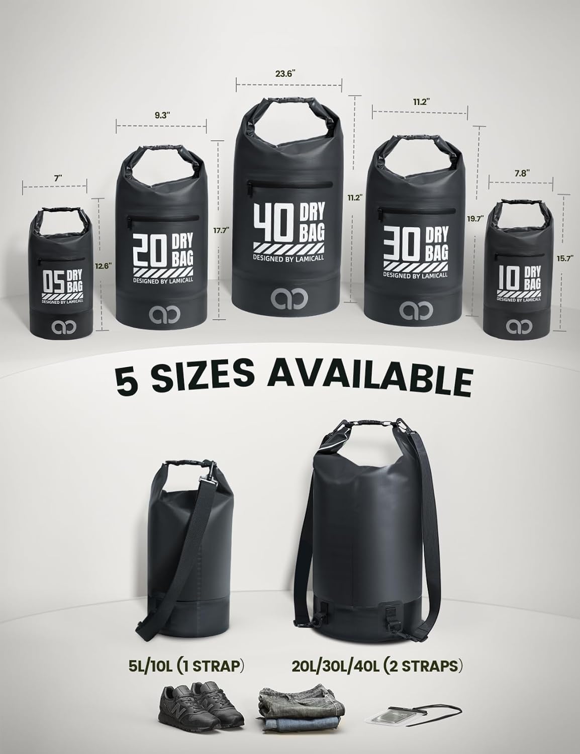 Lamicall Dry Bag, Waterproof Bag - [Durable & Floating] 5L/10L/20L/30L/40L Roll Top Drybag with Water Proof Phone Pouch for Travel Swimming Boating Kayaking Paddle Board Camping Beach Accessories Black 20L