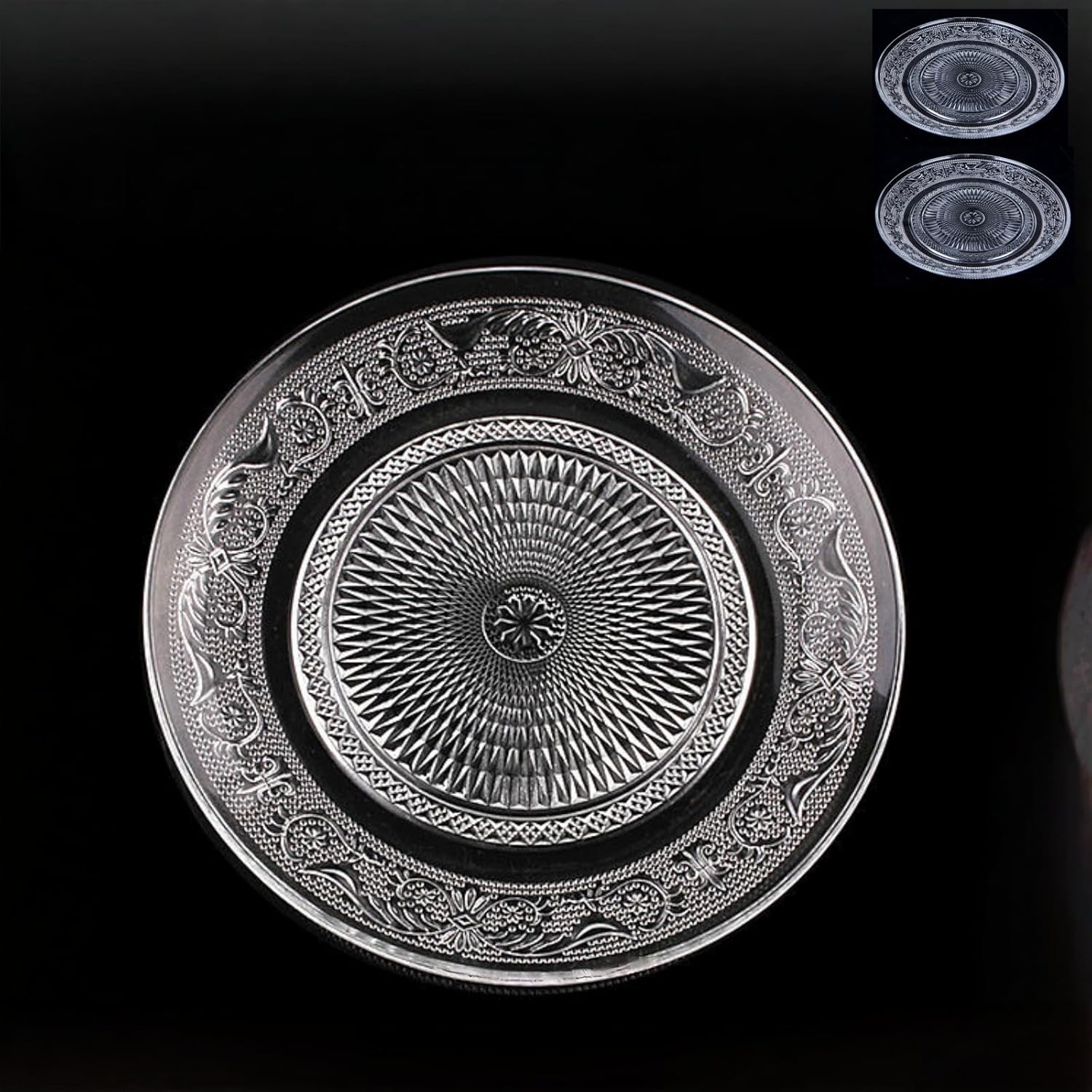 Crystal Glass Dinner Plates, Clear Glass Dried Fruit Plate Dessert Plate with Lace Trim, Snack Plate for Restaurant Family Party, 6inch/7inch/8inch/9inch/10inch/12inch (2pcs, 9inch)