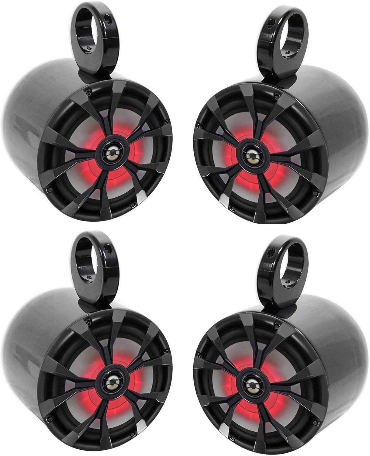 Rockville RKL80MB Black Marine Bundle: (4) 8-in 900W 2-Way Boat Speakers with LED Lights, (4) MAC80B 7.7-in Black Aluminum Wakeboard Tower Speaker Enclosures, Water Resistant, for Boats, 8-Items