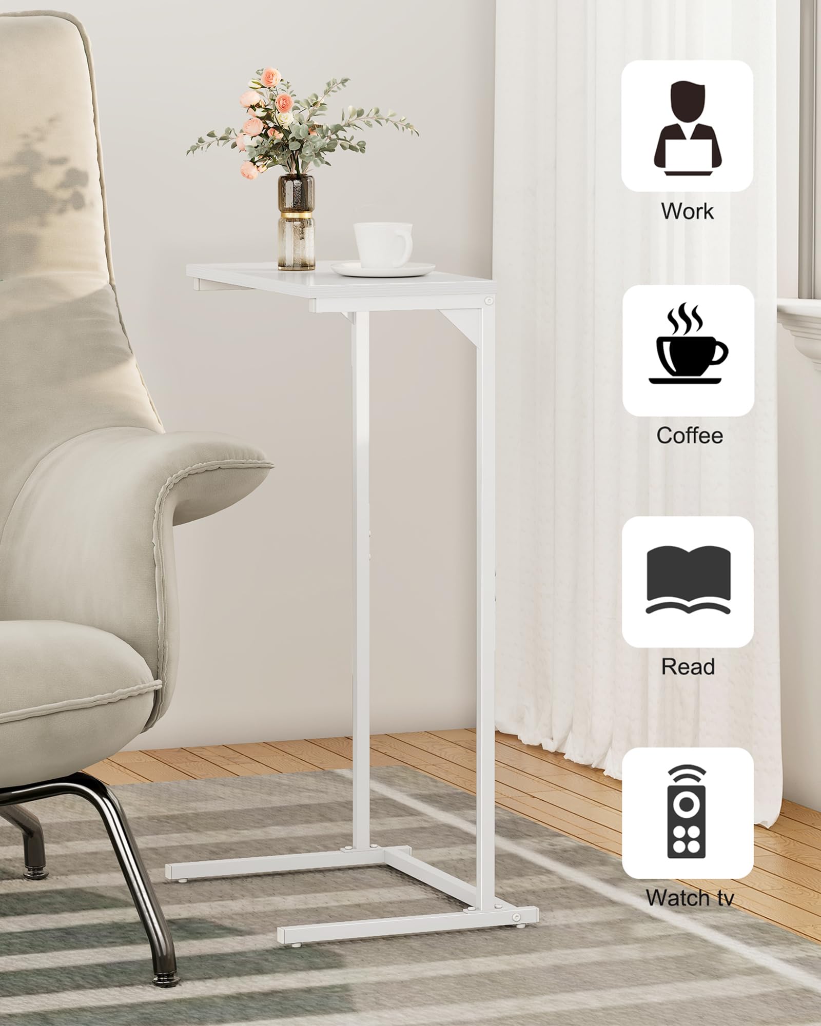 TUTOTAK Table d'appoint en forme de C, petite table haute 73 cm, table basse, salon, chambre à coucher, blanc TB01BW071EU