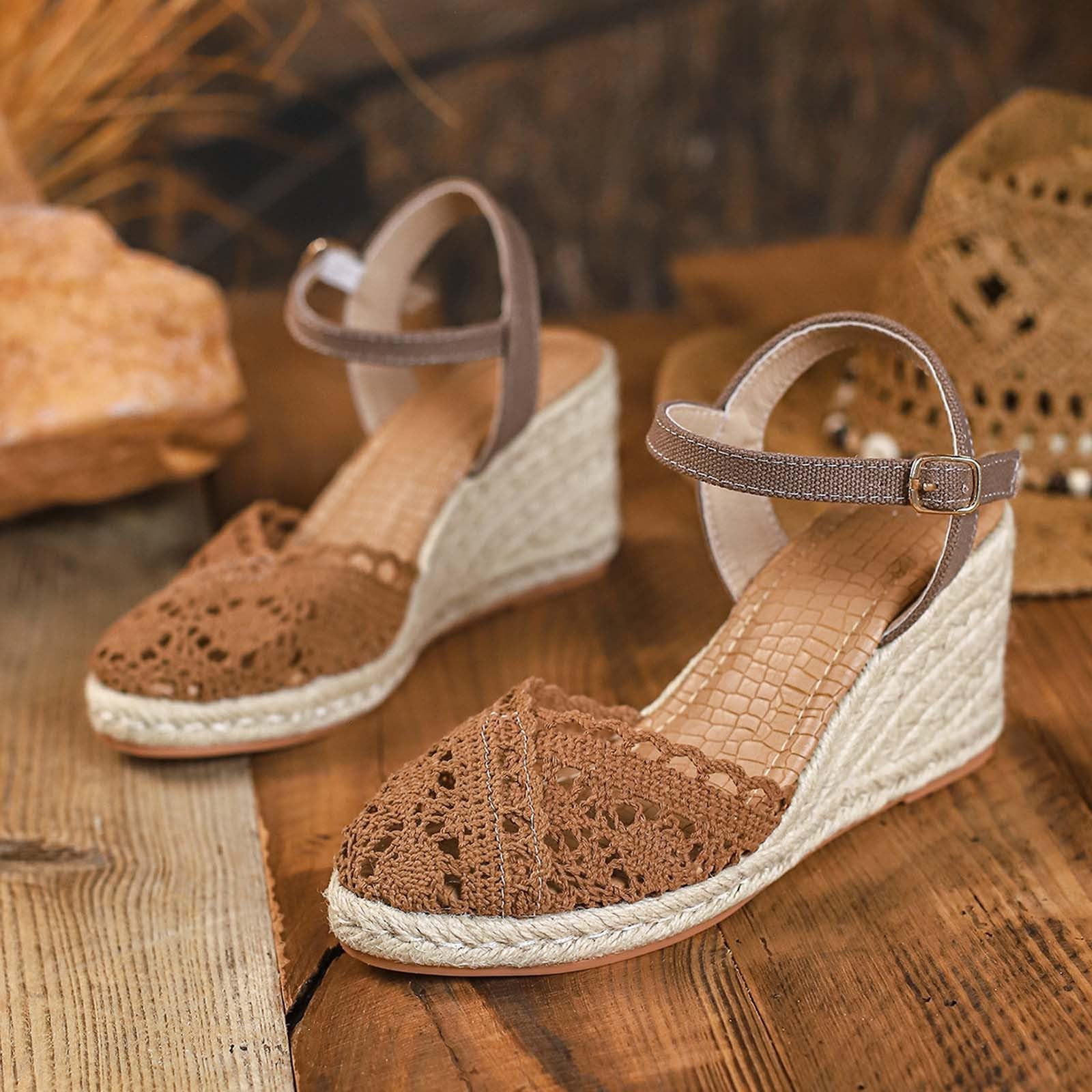Generico Sandali espadrillas estivi alla, tinta unita, con lacci, copri- e design intrecciato
