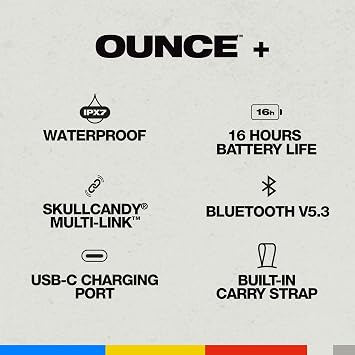Skullcandy Ounce+ Wireless Bluetooth Speaker - IPX7 Waterproof Mini Portable Speaker with 16 Hour Battery, True Wireless Stereo, and Ballistic Nylon Carry Strap (Bone)
