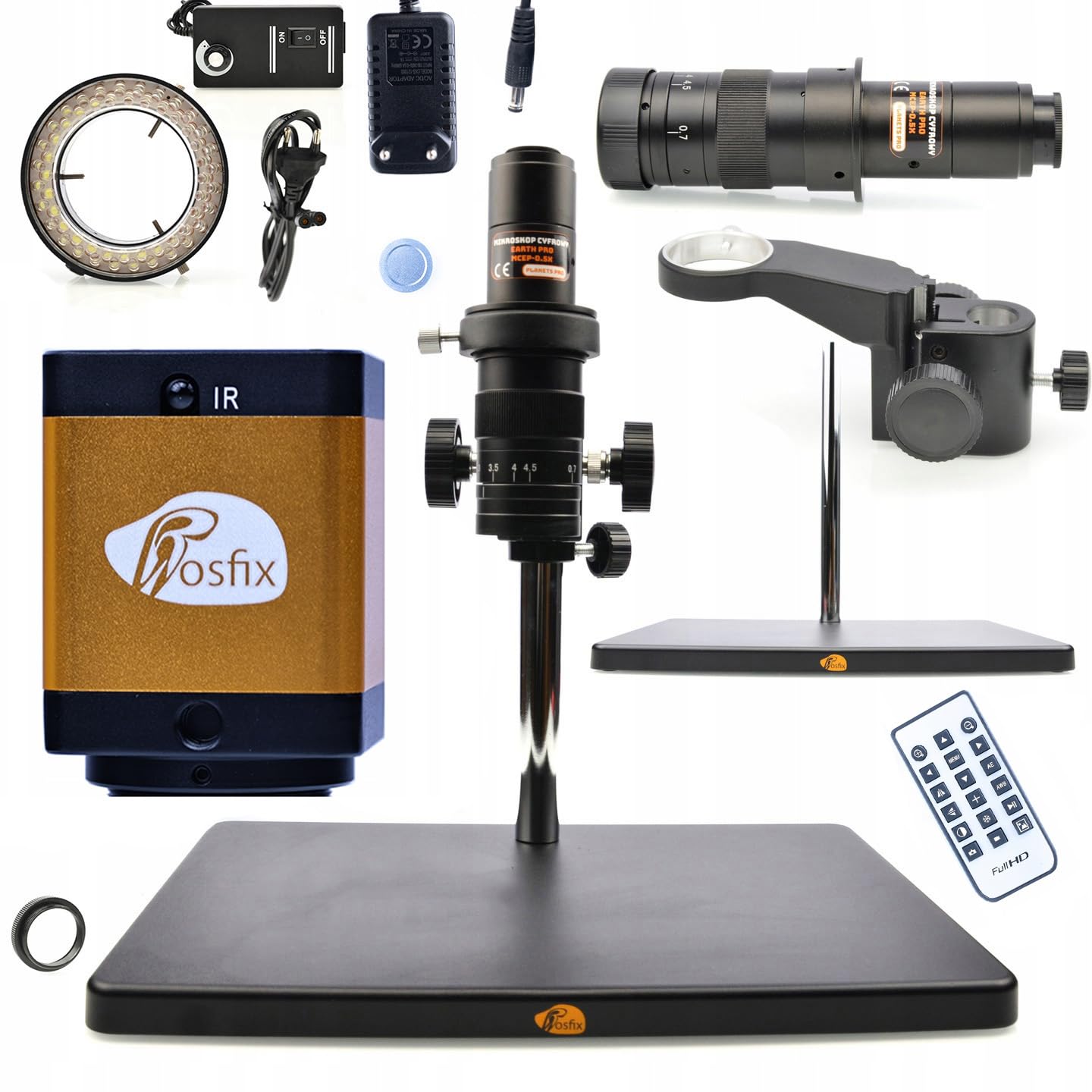 Rosfix Earth Pro MCEP-0.5X - Microscopio digital estéreo con zoom de 7 a 45x y anillo de luz LED de 56 x | Cámara PEGASUS Pro HDMI | C-Mount | Para laboratorio, electrónica, biología, industria