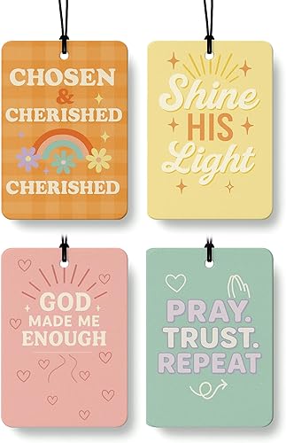 Miniatura 13 de Ambientador retro cristiano para automóvil, 4 piezas, aroma de coco, accesorios de coche de fe religiosa, decoración de espejo para mujeres, fresa,