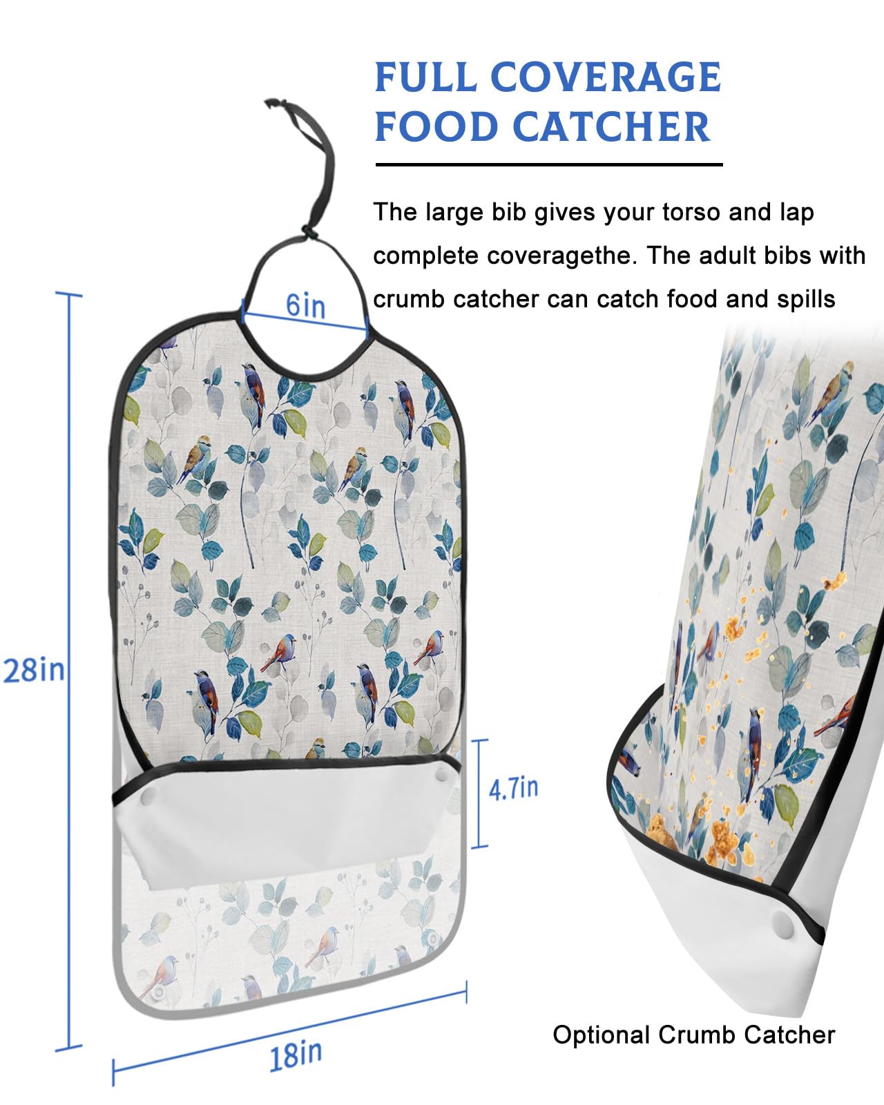 LEOKOTI Pastoral Birds Adult Bibs for Eating, Waterproof Bibs with Food Catcher & Adjustable Snap Closure, Watercolor Blue Teal Botanical Rustic Washable Clothing Protectors Adult Bibs for Elderly