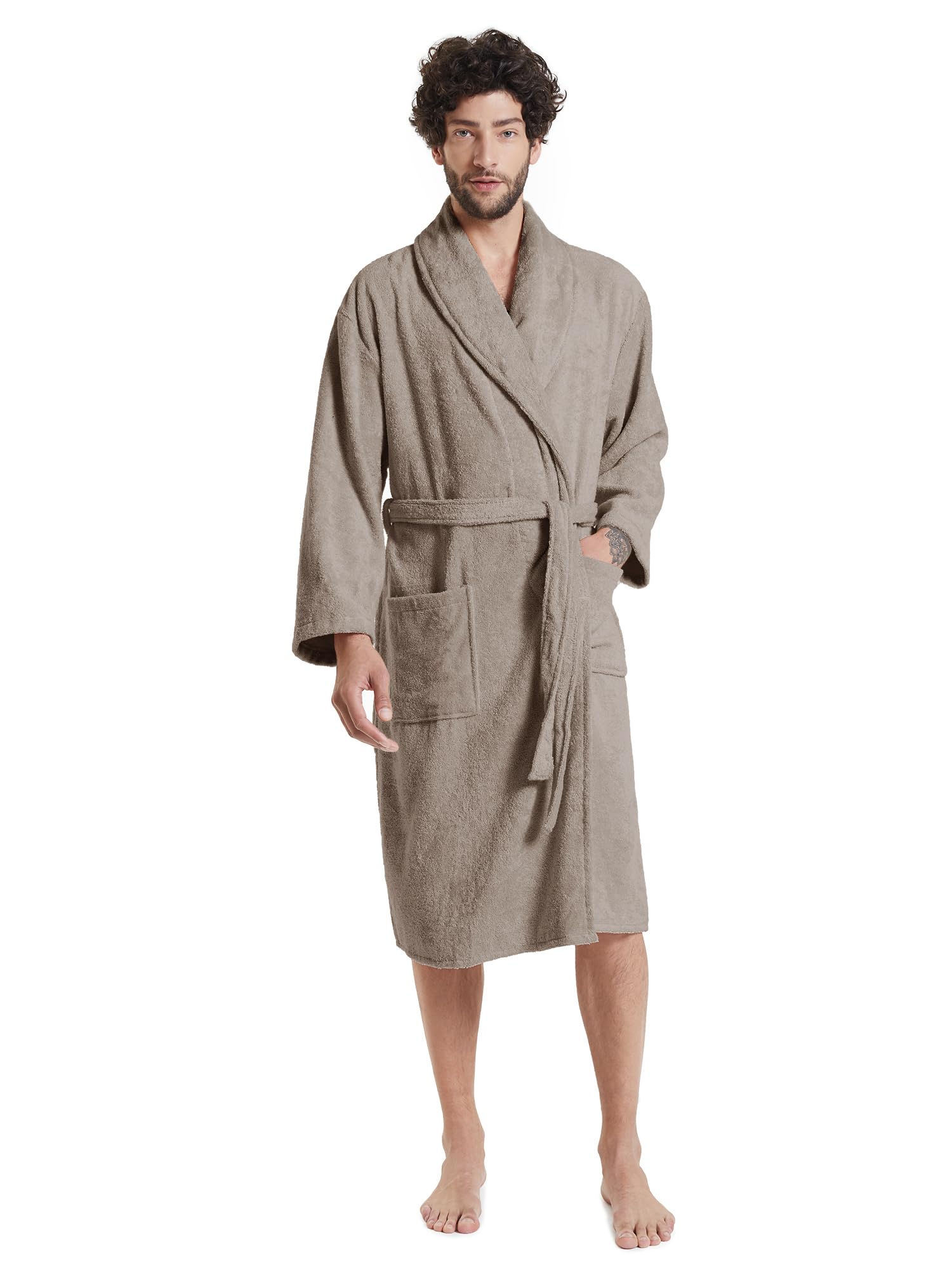 SIORO Mens Terry Bath Robe, Plush Hooded Cotton Cloth Knee-Length Robes for Spa, Shower, Soft Towel Bathrobes with Pockets