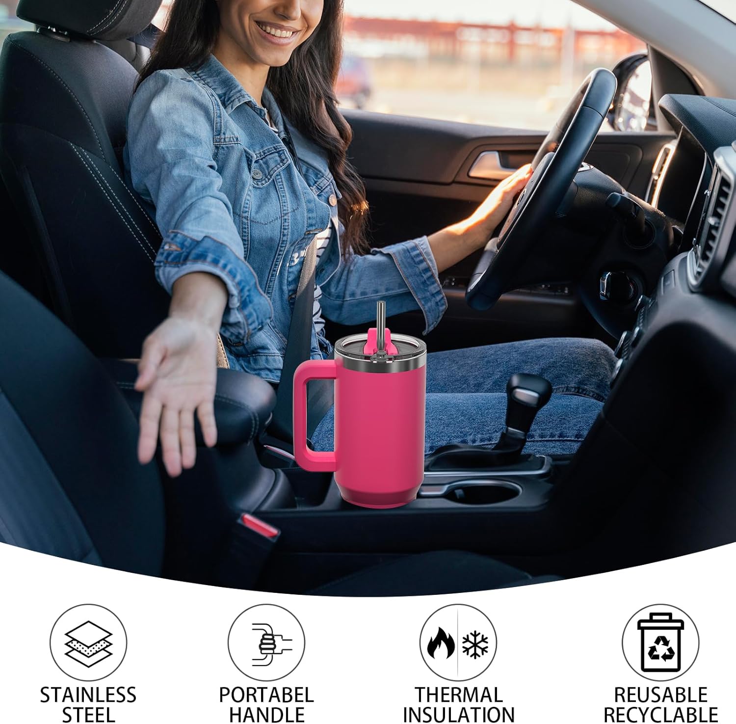 40 oz Tumbler with Handle,Tumbler with Lid and Straw,Double Wall Insulated Cup Stainless Steel Travel Mug(Cold for 34 Hours),Water Bottle for Iced Tea,Coffee,Cold Beverages(Gloss Pink) - Image 6