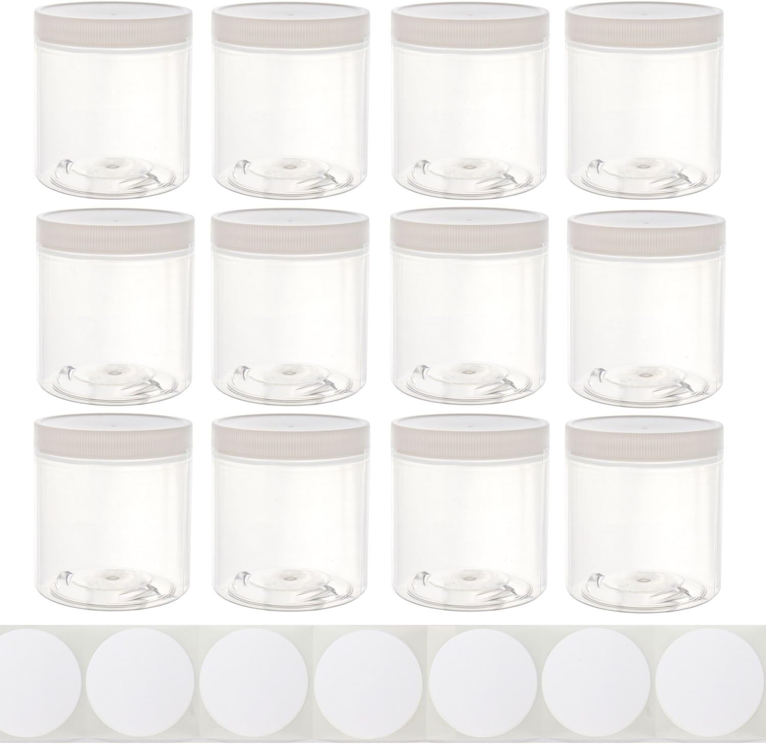 8oz Plastic Wide-Mouth Storage Jars (12 pack) - Large straight-sided clear empty refillable food-grade BPA-free PET containers with white screw-on lids - 70mm 70-400 70/400 Made in the USA