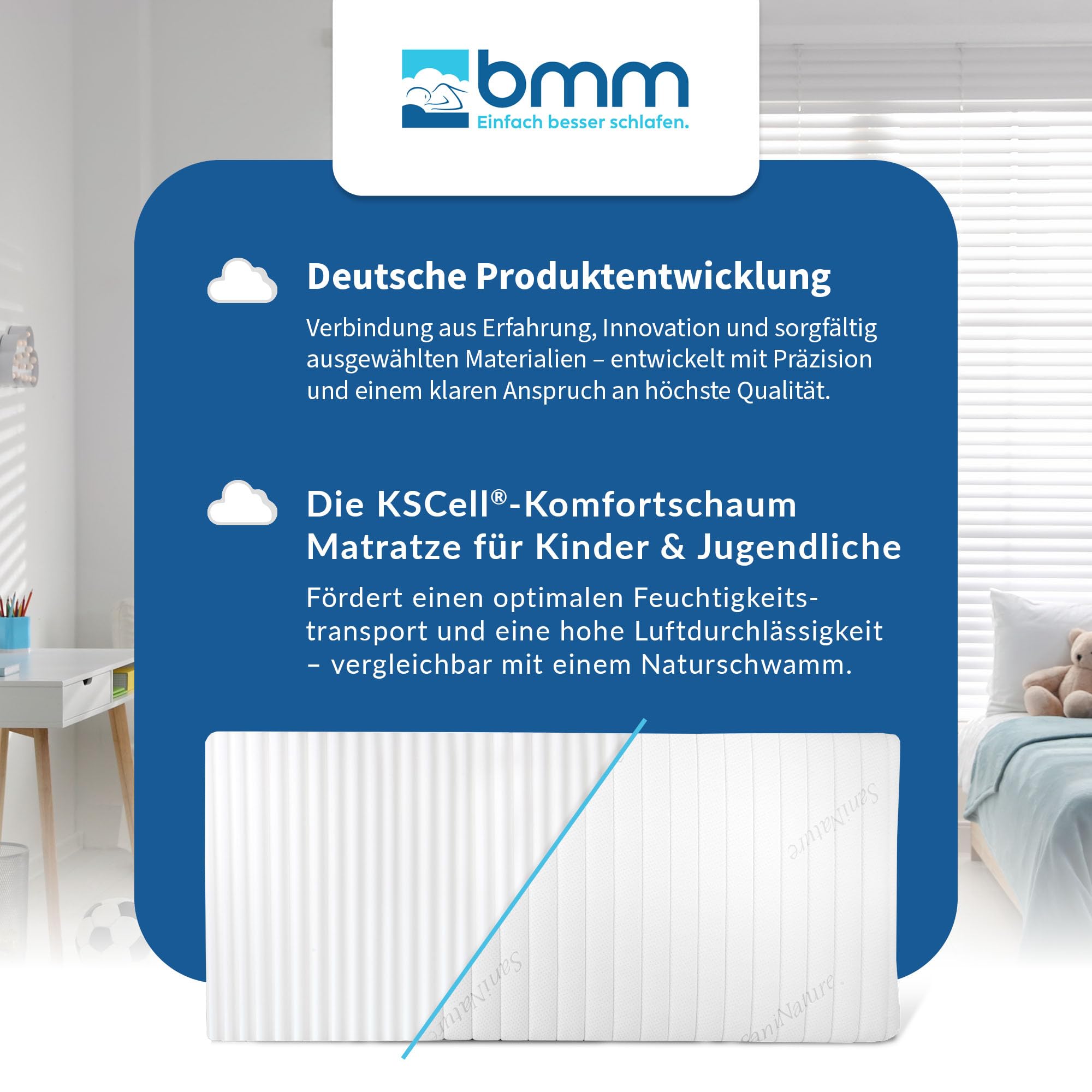 BMM Kindermatratze Razze 140x200 cm H2 17 cm Kaltschaummatratze | Für Kinder und Jugendliche entwickelter Kaltschaum sorgt für ausgewogenen Liegekomfort während der Wachstumsphase.