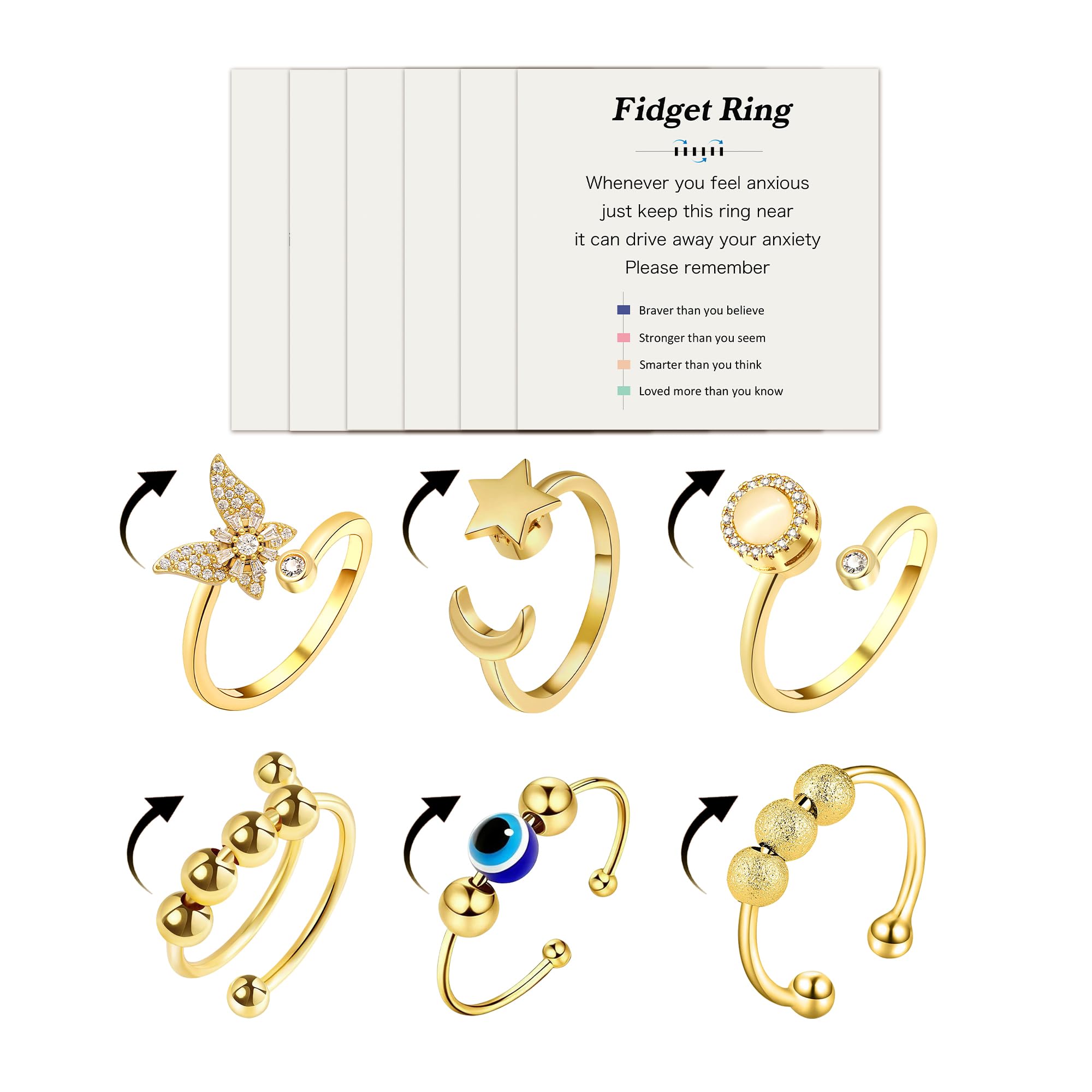 YU8 6 piezas de mariposa y luna y estrella giratoria ajustable para la ansiedad, alivio del estrés, joyería giratoria para mujeres y adolescentes