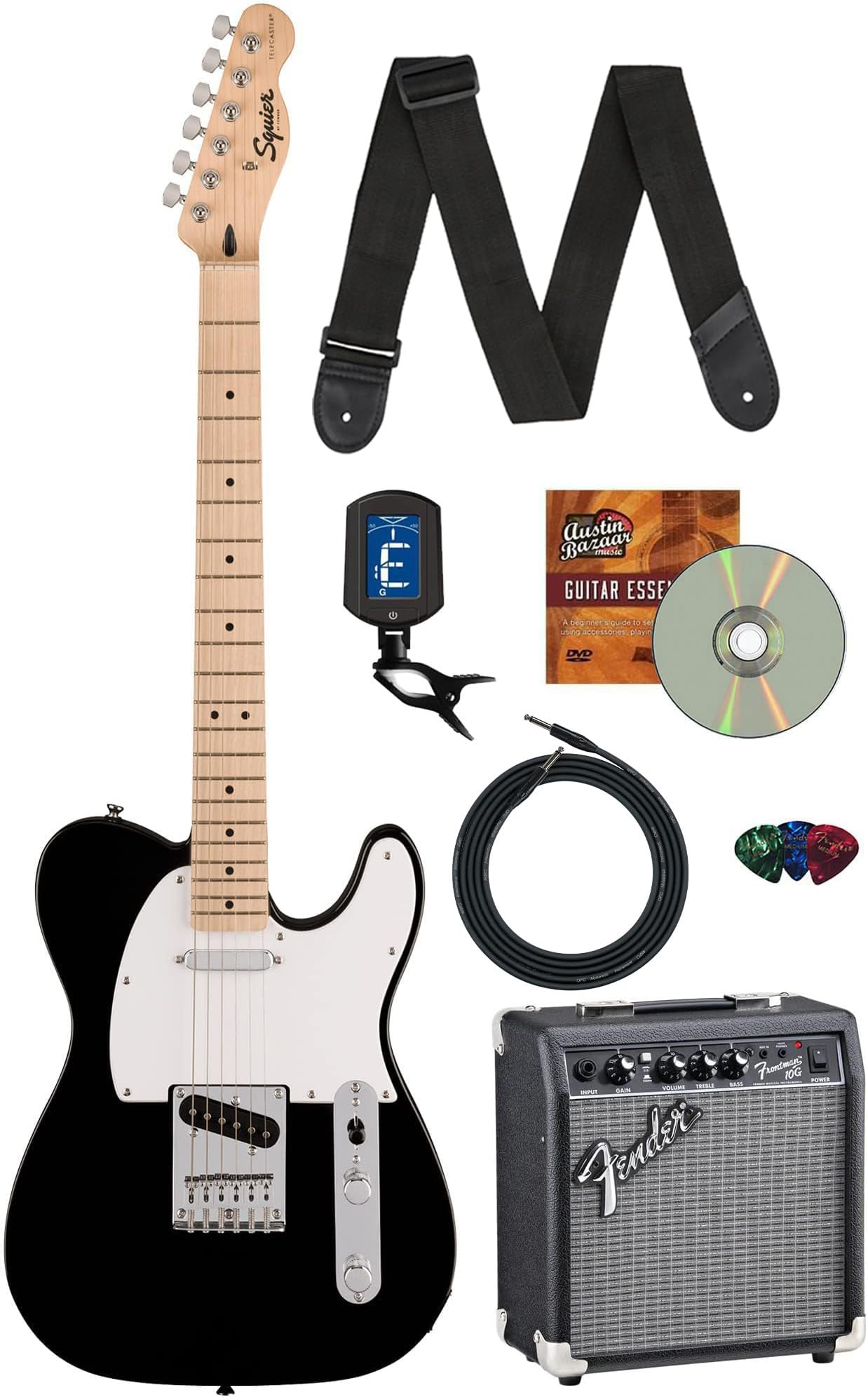 Squier Sonic Telecaster - Black Bundle with Frontman 10G Amp, Tuner, Strap, Cable, Picks, and Austin Bazaar Guitar DVD